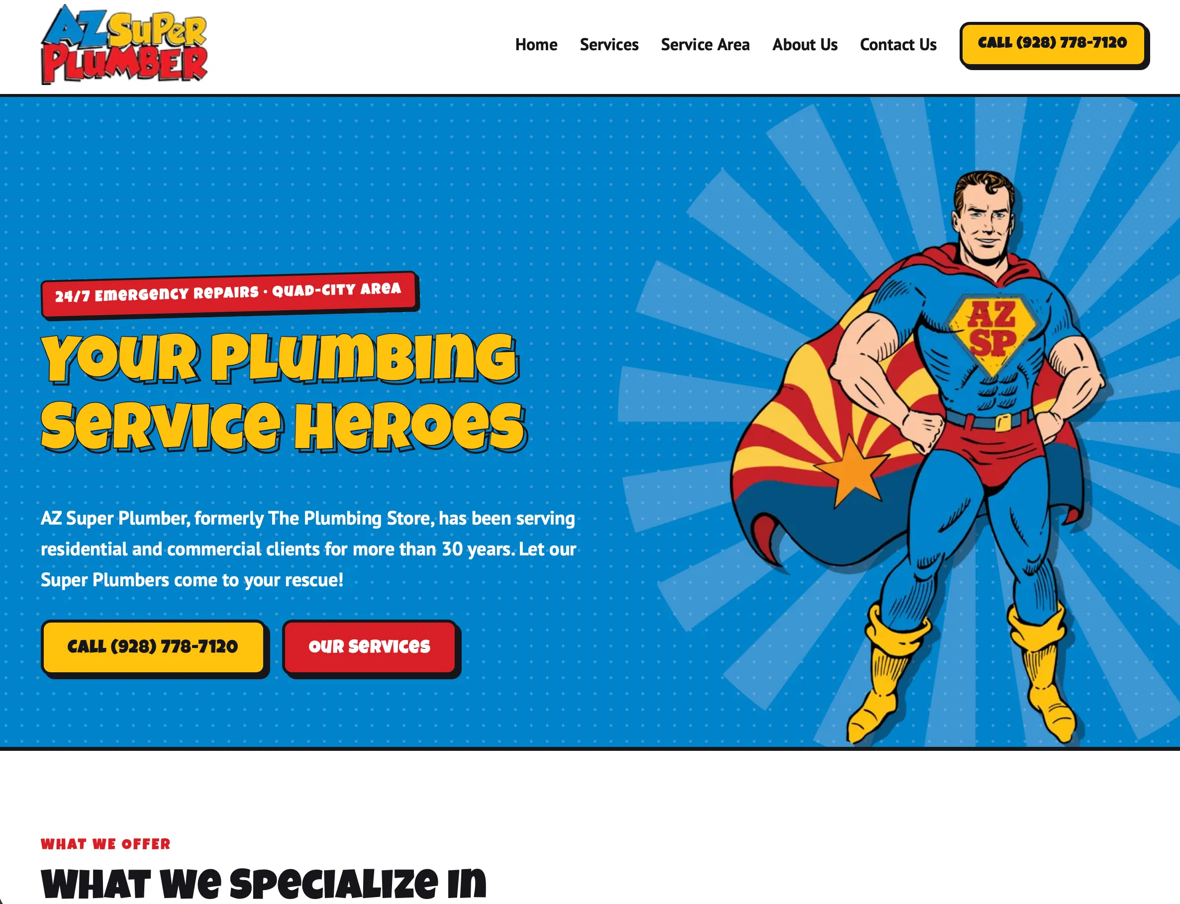 Homepage of the demo site built for AZ Super Plumber