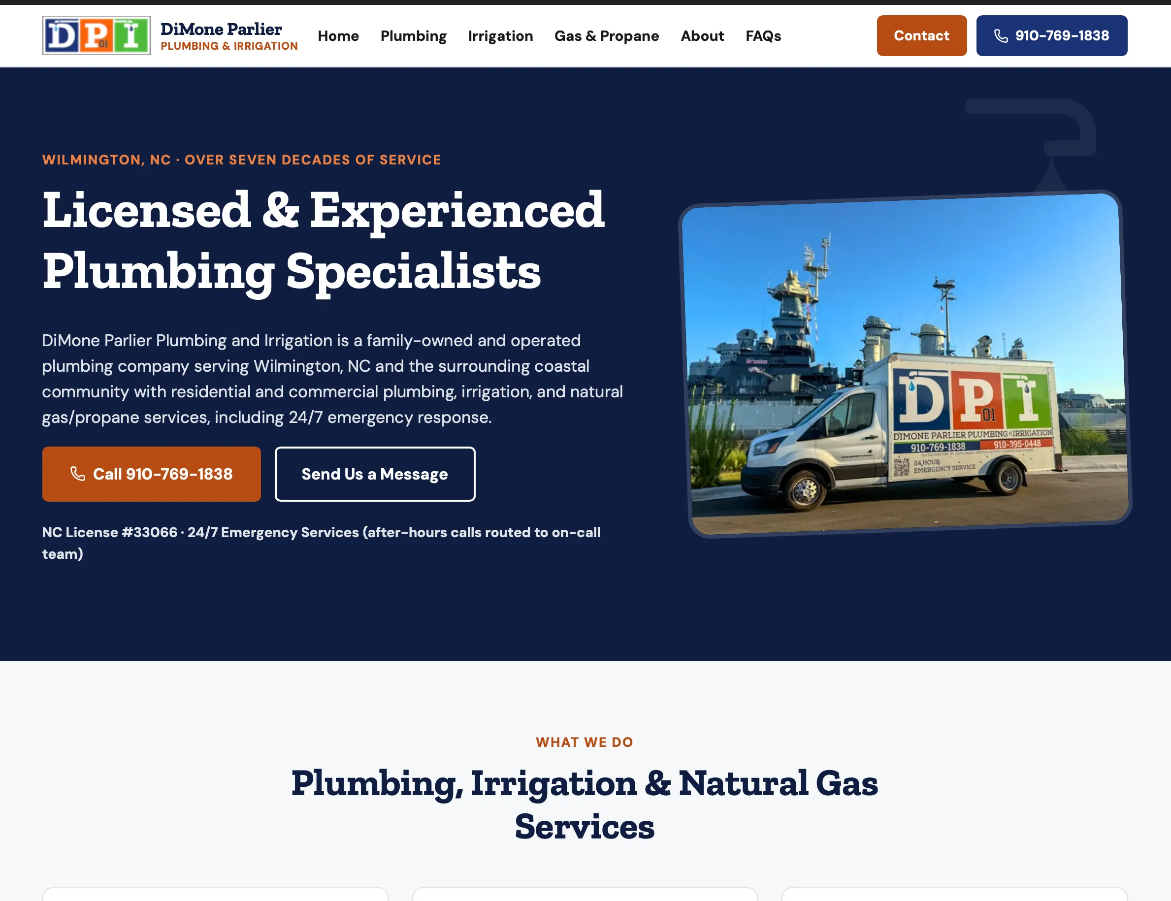 Homepage of the demo site built for DiMone Parlier Plumbing & Irrigation
