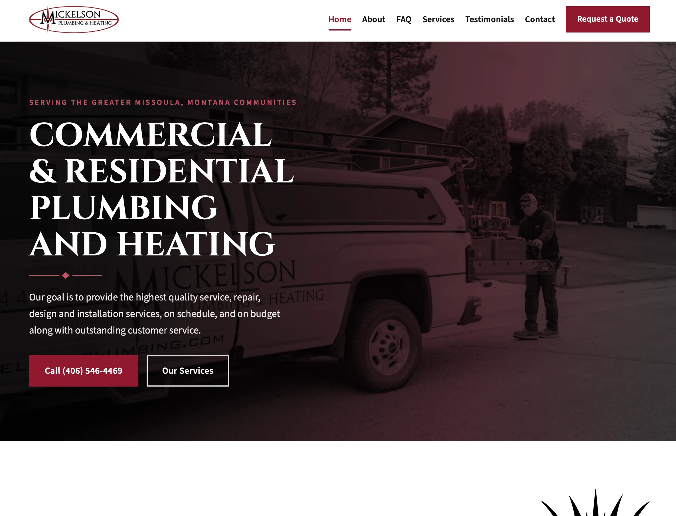Homepage of the demo site built for Mickelson Plumbing and Heating